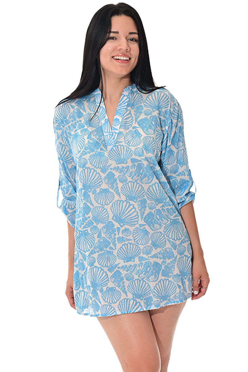 Swimsuit Cover-Up Tunic Sea Shells WHITE/BLUE Color by AZUCAR - LCT3589 - 6 PCS/PRE-PACK