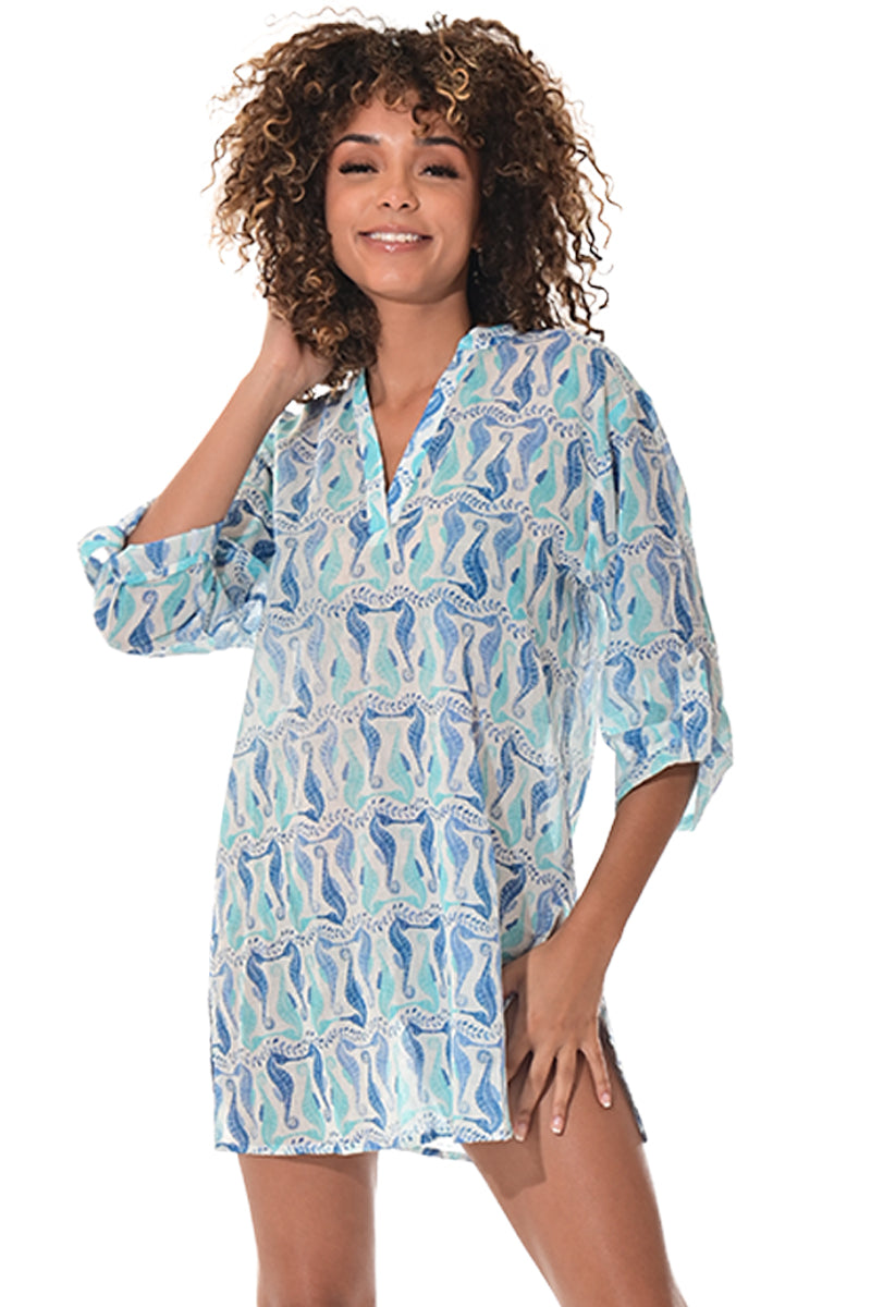 Swimsuit Cover-Up Tunic Sea Horses WHITE/BLUE Color by AZUCAR - LCT3590 - 6 PCS/PRE-PACK
