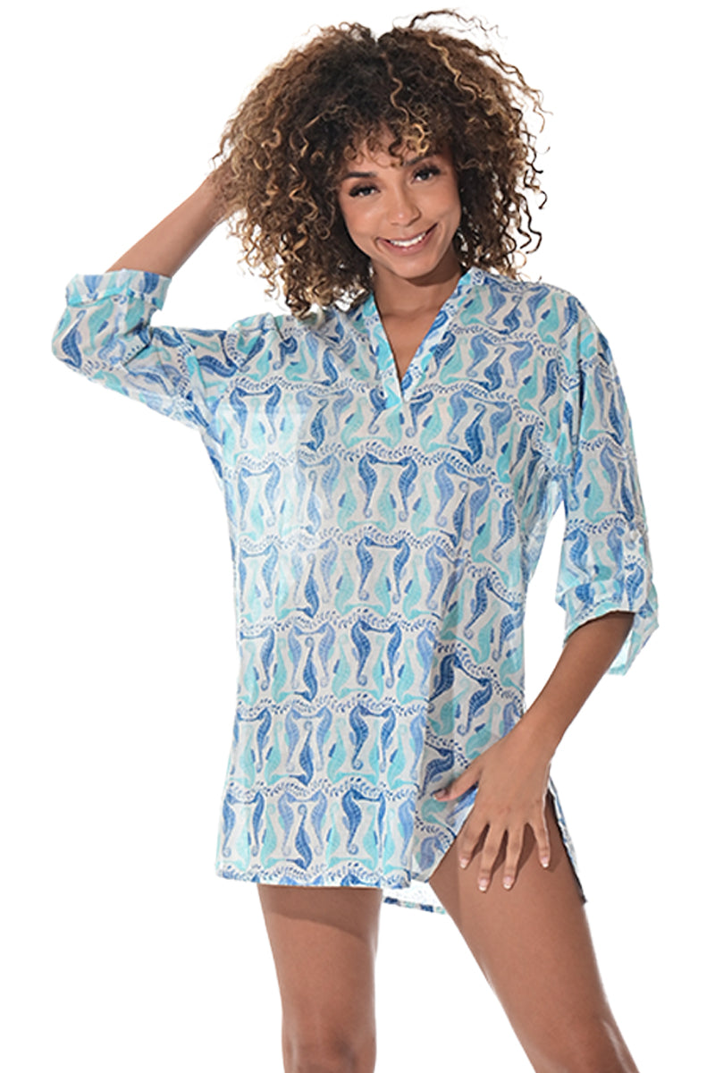 Swimsuit Cover-Up Tunic Sea Horses WHITE/BLUE Color by AZUCAR - LCT3590 - 6 PCS/PRE-PACK