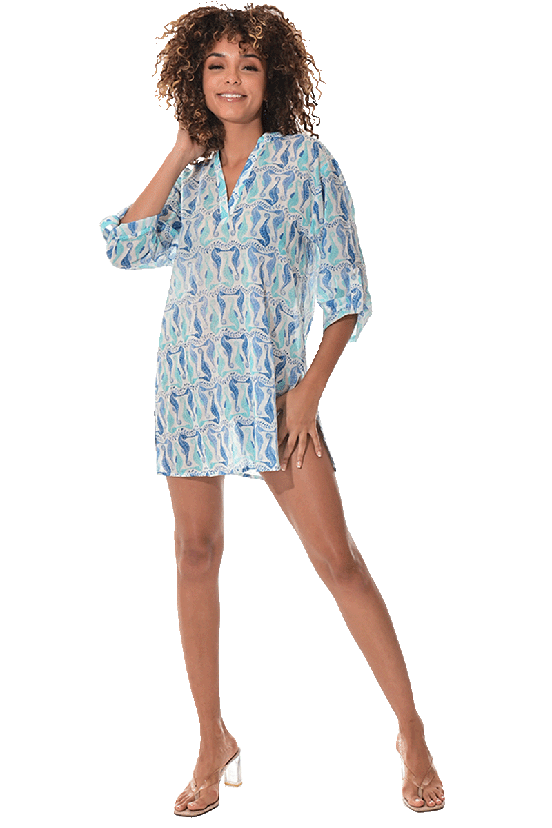 Swimsuit Cover-Up Tunic Sea Horses WHITE/BLUE Color by AZUCAR - LCT3590 - 6 PCS/PRE-PACK