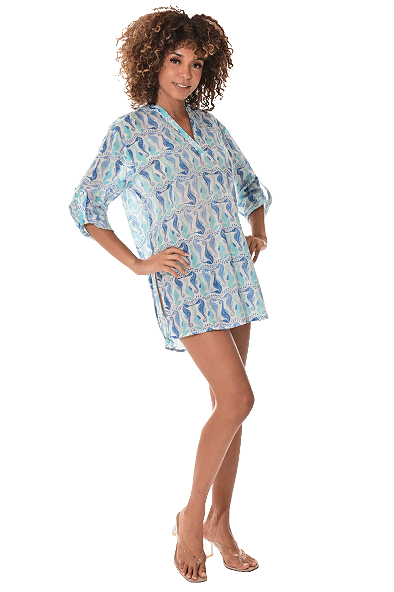 Swimsuit Cover-Up Tunic Sea Horses WHITE/BLUE Color by AZUCAR - LCT3590 - 6 PCS/PRE-PACK