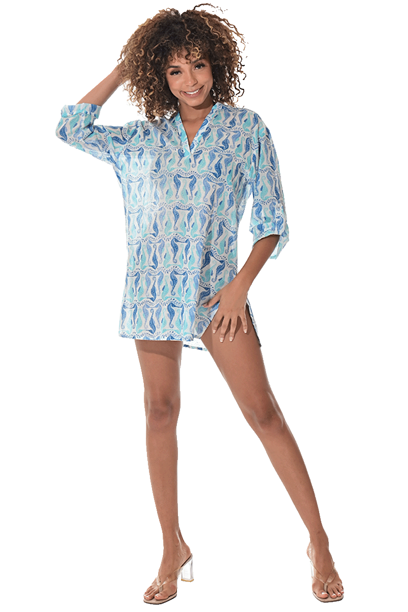 Swimsuit Cover-Up Tunic Sea Horses WHITE/BLUE Color by AZUCAR - LCT3590 - 6 PCS/PRE-PACK