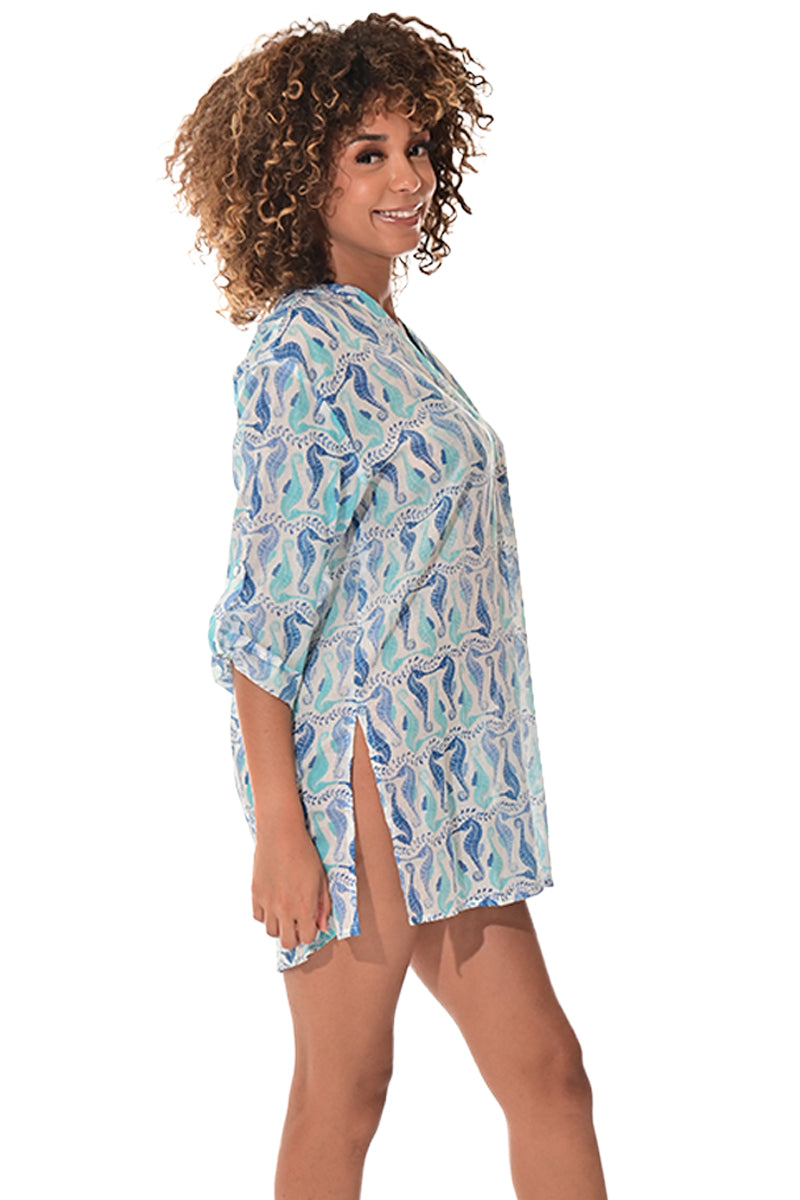 Swimsuit Cover-Up Tunic Sea Horses WHITE/BLUE Color by AZUCAR - LCT3590 - 6 PCS/PRE-PACK