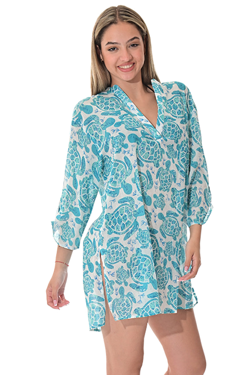 Swimsuit Cover-Up Tunic Turtle WHITE/GREEN Color by AZUCAR - LCT3613 - 6 PCS/PRE-PACK