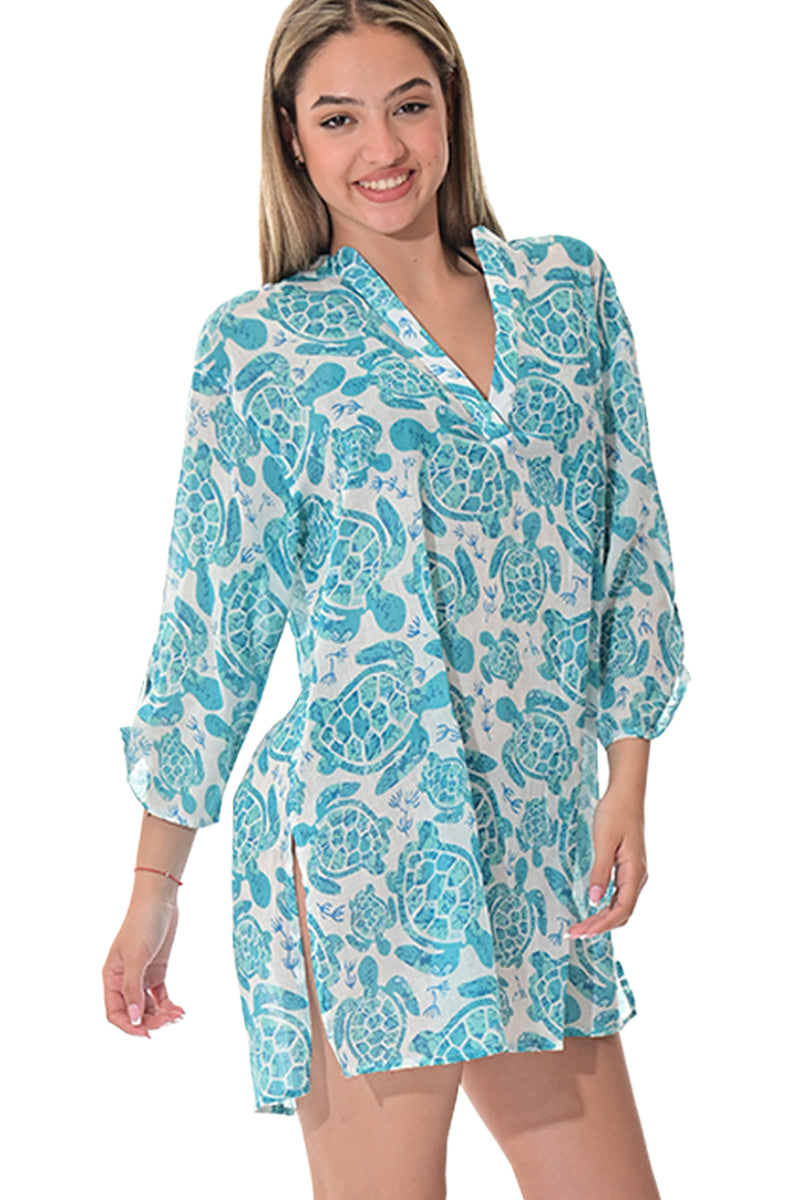 Swimsuit Cover-Up Tunic Turtle WHITE/GREEN Color by AZUCAR - LCT3613 - 6 PCS/PRE-PACK