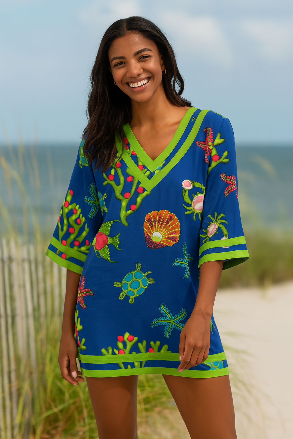 Women's Beach Cover-Up 3/4 Sleeve Tunic by Azucar - LCT3691 - 6 PCS/PRE-PACK