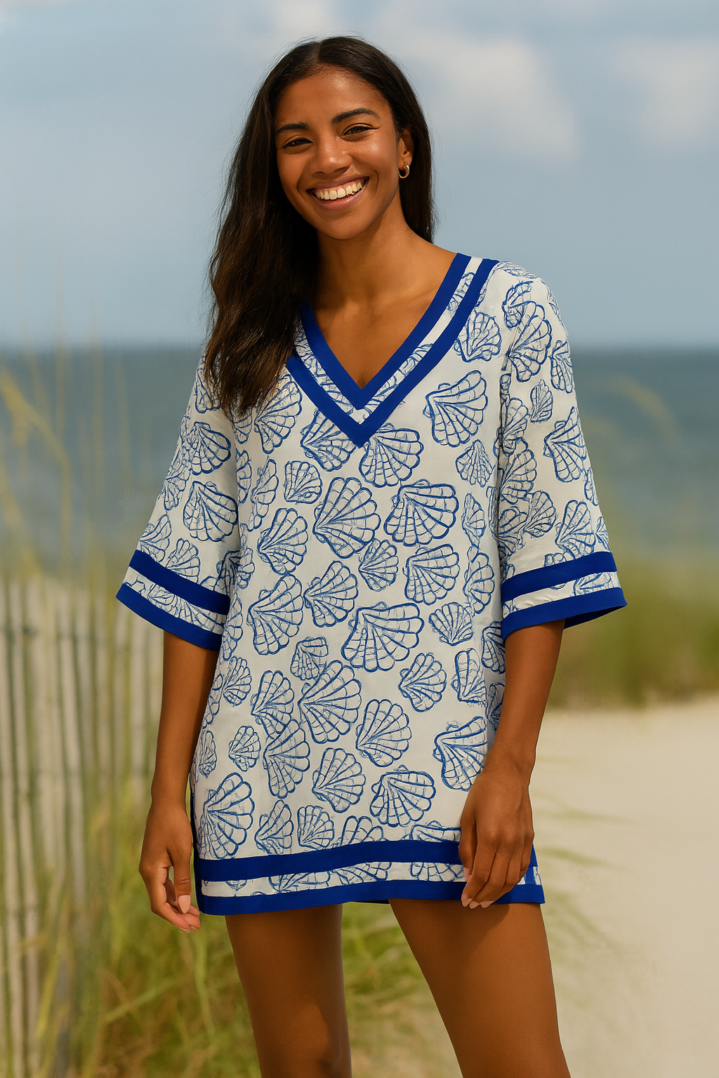 Swimsuit Cover-Up Tunic Sea Shell WHITE/BLUE Color by AZUCAR - LCT3692 - 6 PCS/PRE-PACK