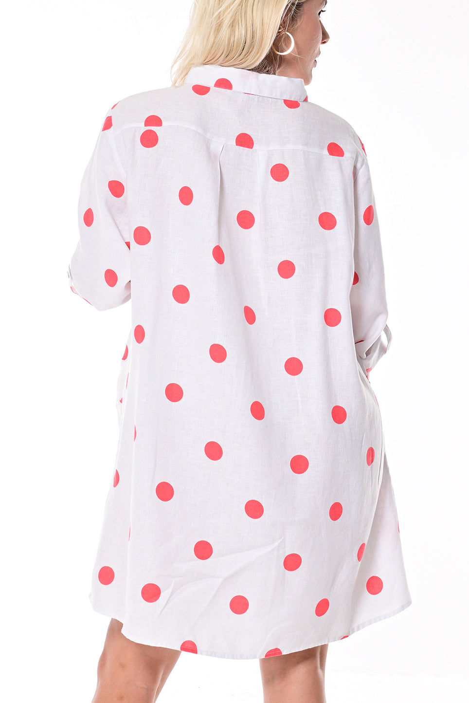 Ladies Polka-Dot Dress Button Down Roll-Up Sleeve-WHITE/RED-LLB1330- 6 PCS/PRE-PACK
