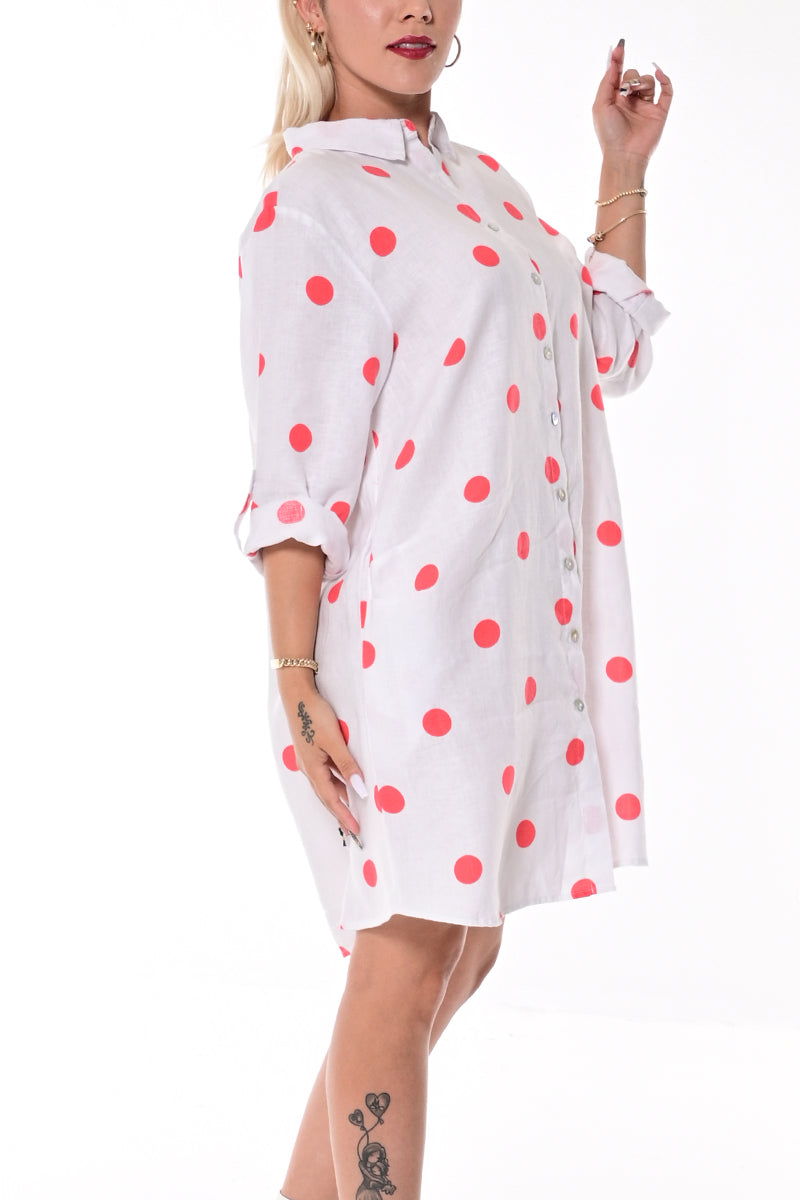 Ladies Polka-Dot Dress Button Down Roll-Up Sleeve-WHITE/RED-LLB1330- 6 PCS/PRE-PACK