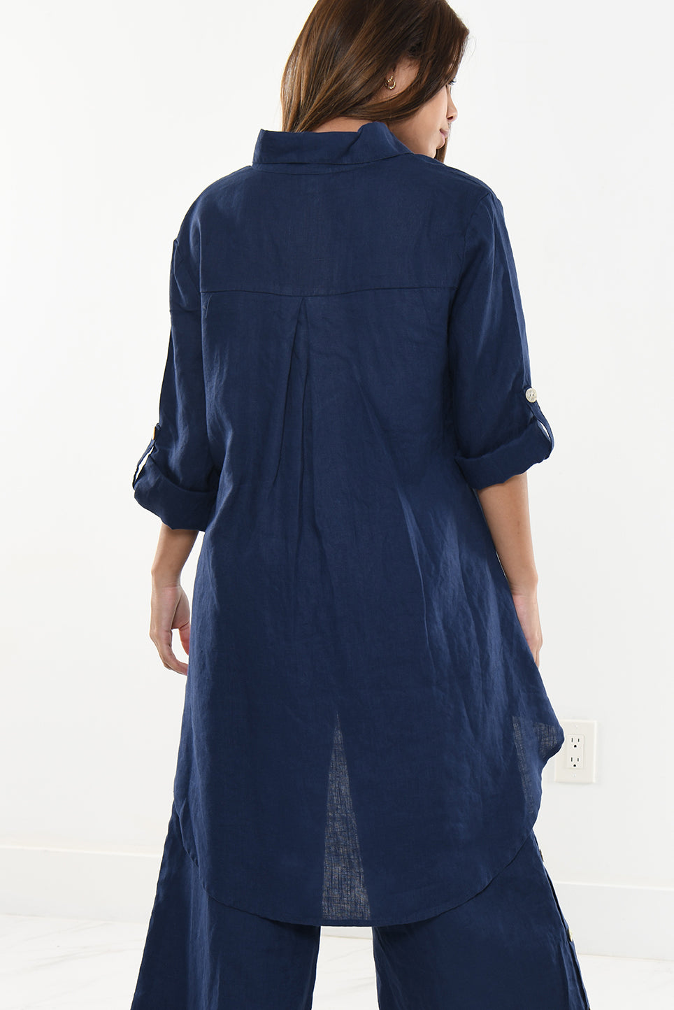 Ladies Linen Top Roll-Up Sleeve Top Hi-Low by AZUCAR - NAVY - Colors - LLB1383 - 6 PCS/PRE-PACK