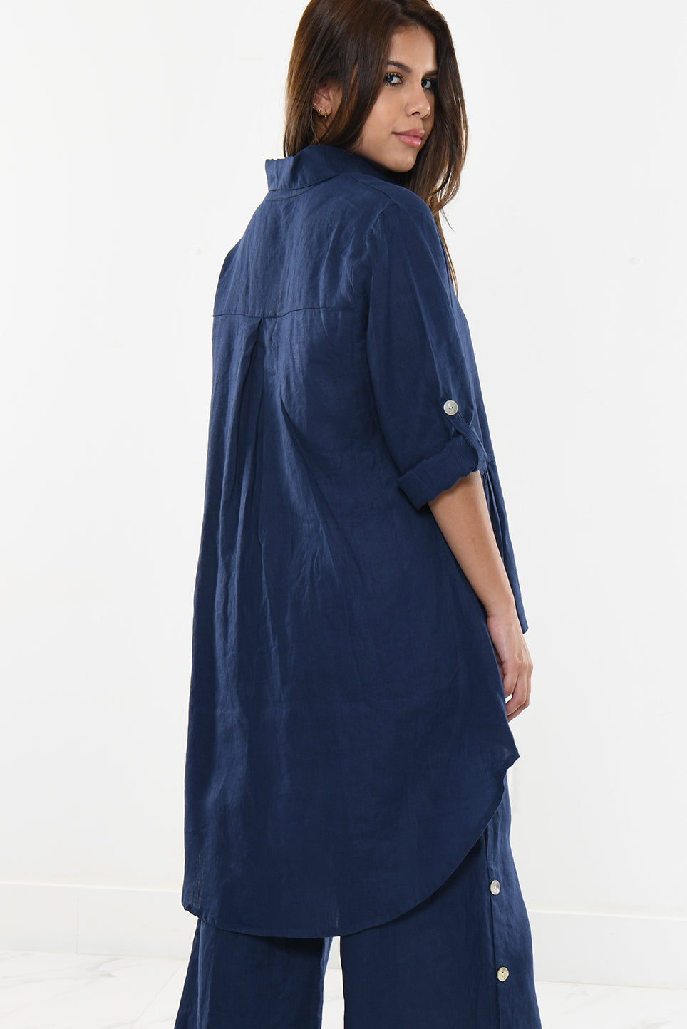 Ladies Linen Top Roll-Up Sleeve Top Hi-Low by AZUCAR - NAVY - Colors - LLB1383 - 6 PCS/PRE-PACK