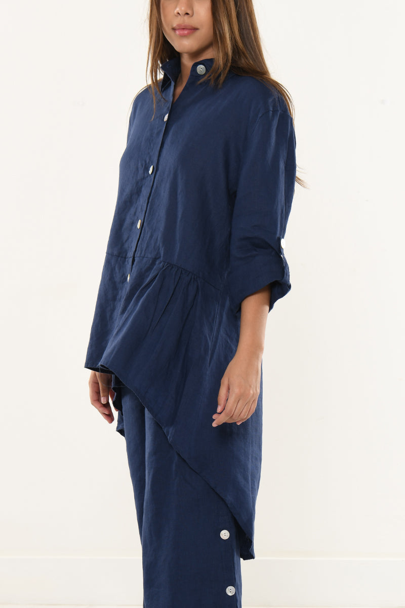 Ladies Linen Top Roll-Up Sleeve Top Hi-Low by AZUCAR - NAVY - Colors - LLB1383 - 6 PCS/PRE-PACK