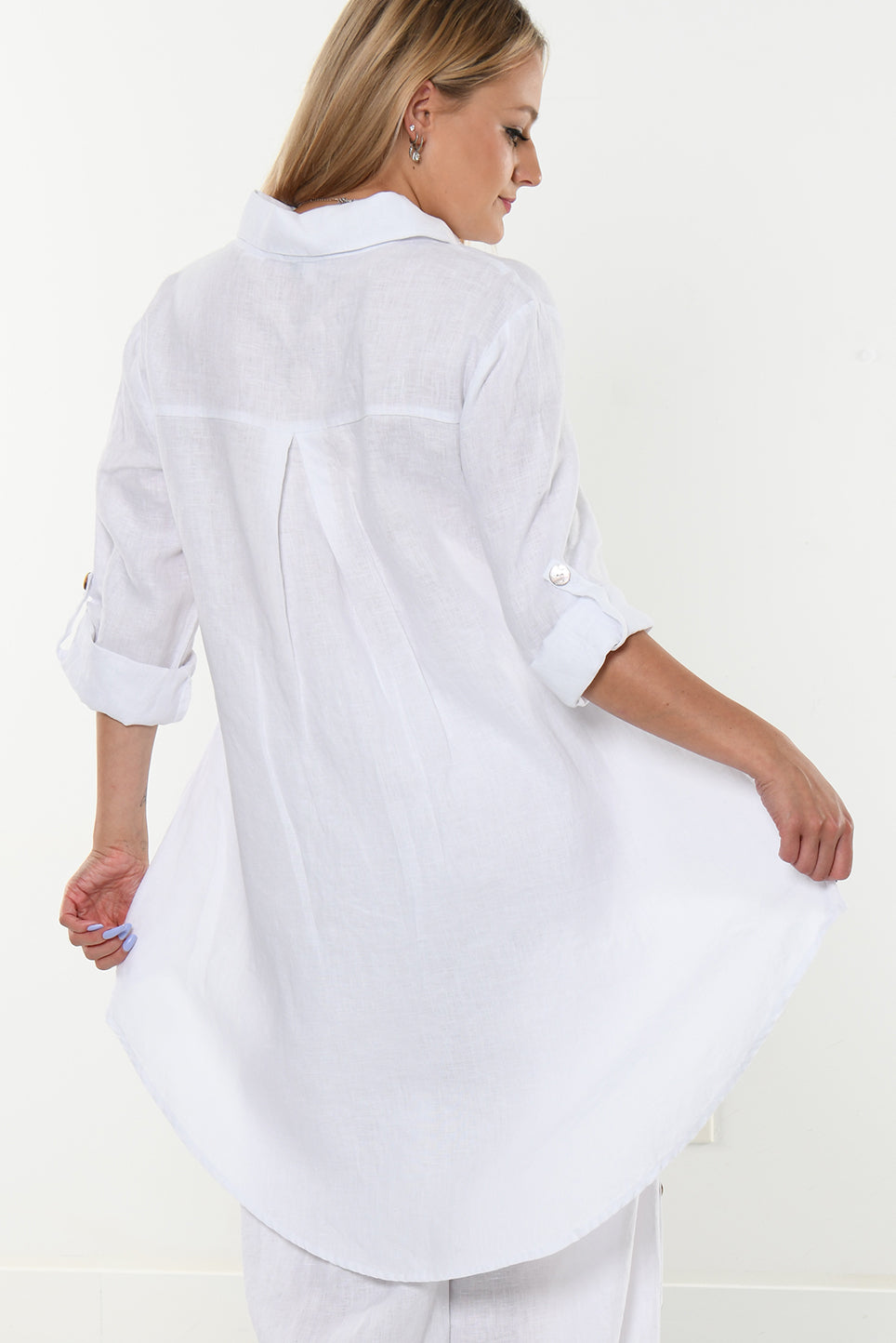 Ladies Linen Top Roll-Up Sleeve Top Hi-Low by AZUCAR - NAVY - Colors - LLB1383 - 6 PCS/PRE-PACK