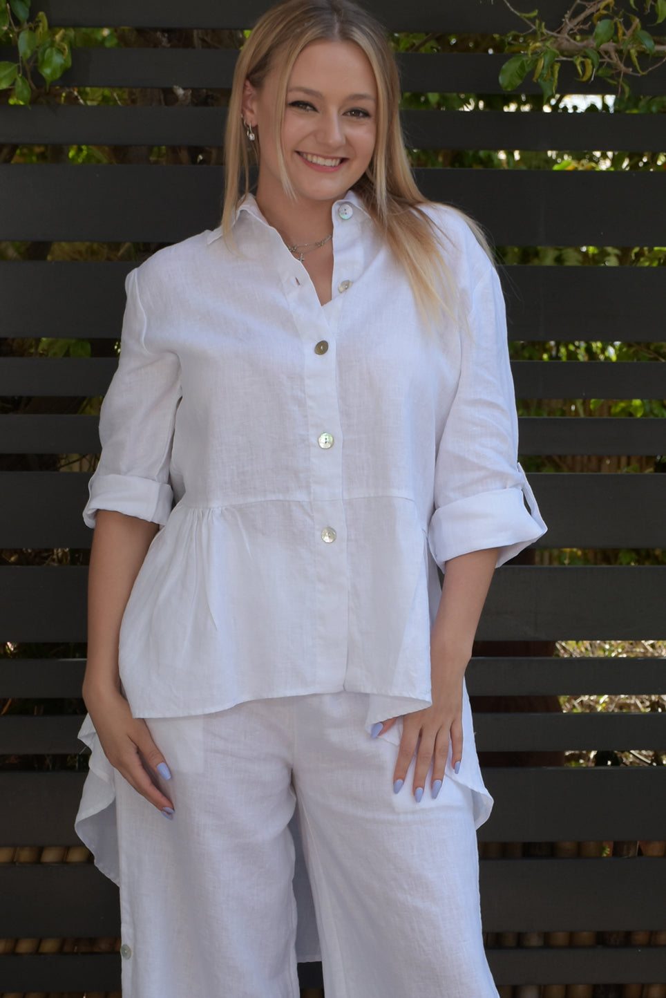Ladies Linen Top Roll-Up Sleeve Top Hi-Low by AZUCAR - NAVY - Colors - LLB1383 - 6 PCS/PRE-PACK