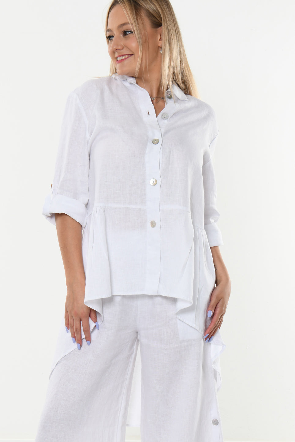 Ladies Linen Top Roll-Up Sleeve Top Hi-Low by AZUCAR - NAVY - Colors - LLB1383 - 6 PCS/PRE-PACK