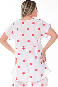 Ladies Polka-Dot Dress Button Down Roll-Up Sleeve by AZUCAR WHITE/RED - LLB1726 - 6 PCS/PRE-PACK