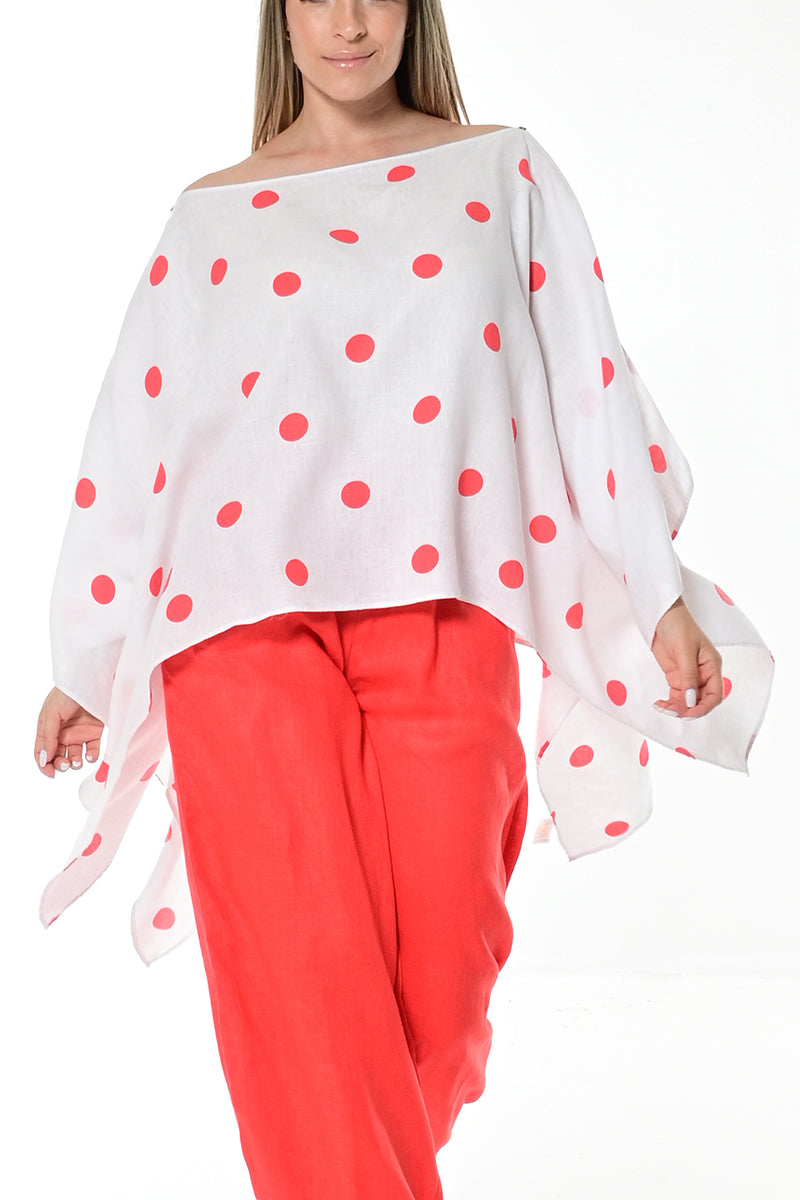 Ladies Linen Poncho with Polka-Dots by AZUCAR - WHITE/RED - LLB1728 - 6 PCS/PRE-PACK