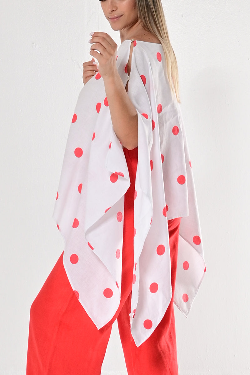 Ladies Linen Poncho with Polka-Dots by AZUCAR - WHITE/RED - LLB1728 - 6 PCS/PRE-PACK