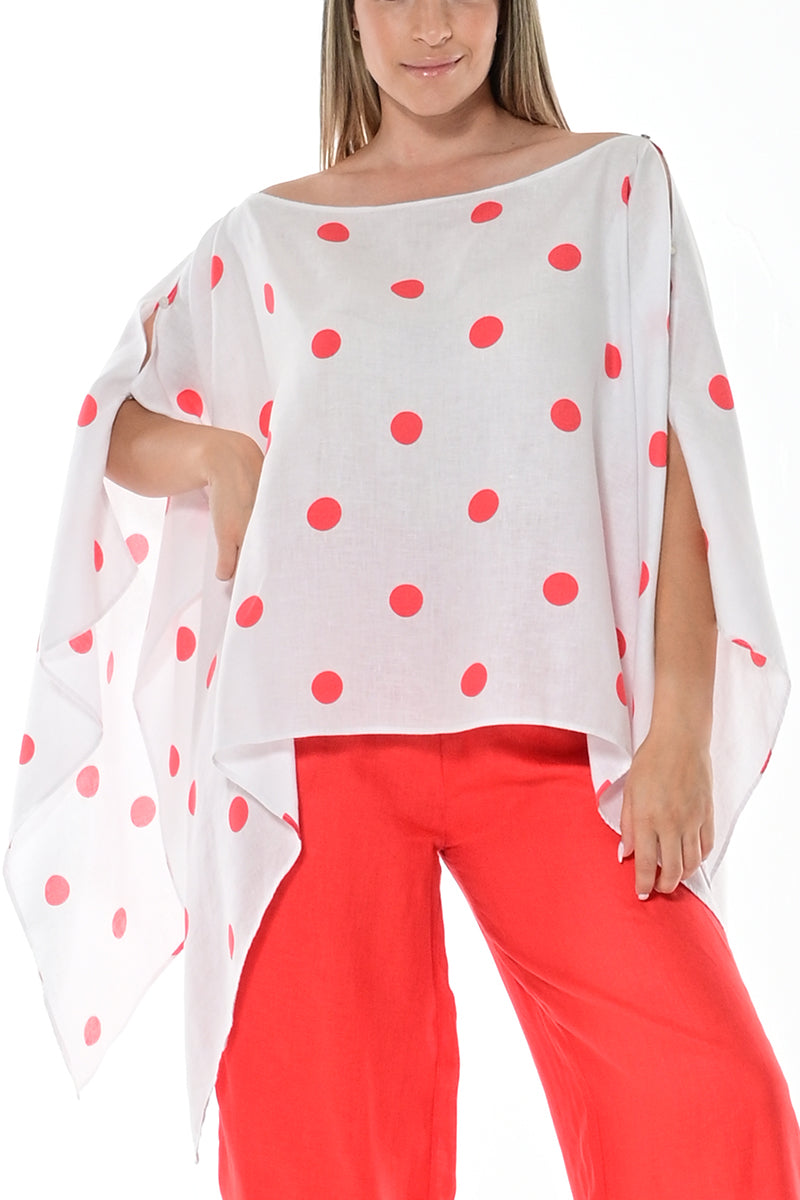 Ladies Linen Poncho with Polka-Dots by AZUCAR - WHITE/RED - LLB1728 - 6 PCS/PRE-PACK