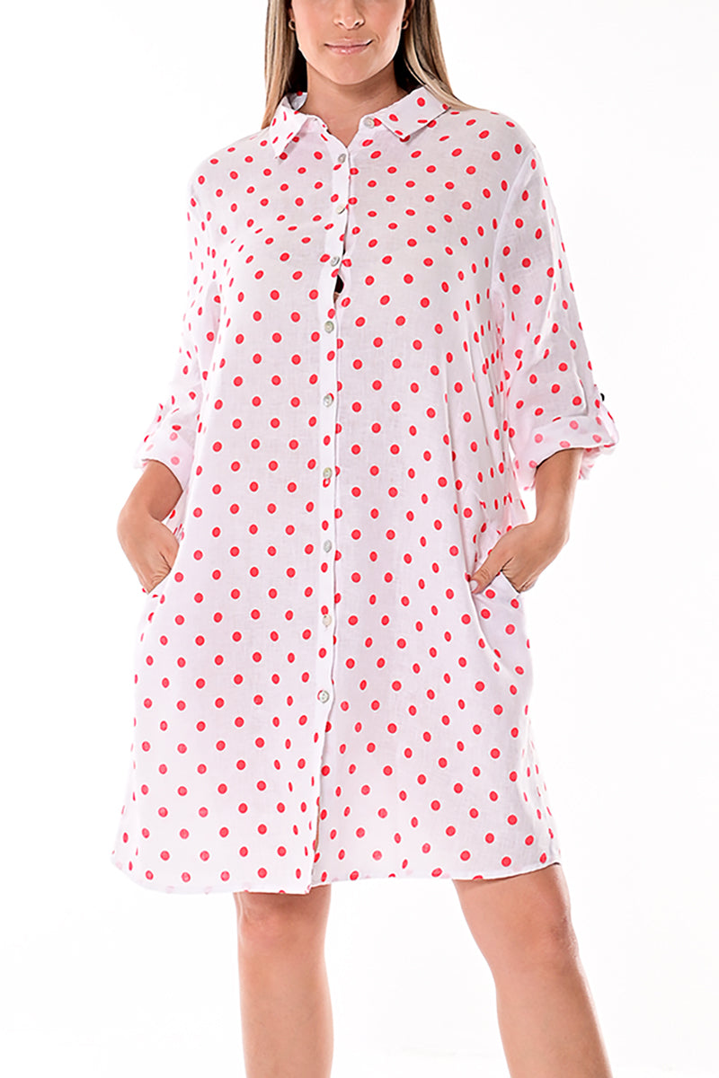 Ladies Polka-Dot Dress Button Down Roll-Up Sleeve-WHITE/RED-LLB1330SD - 6 PCS/PRE-PACK