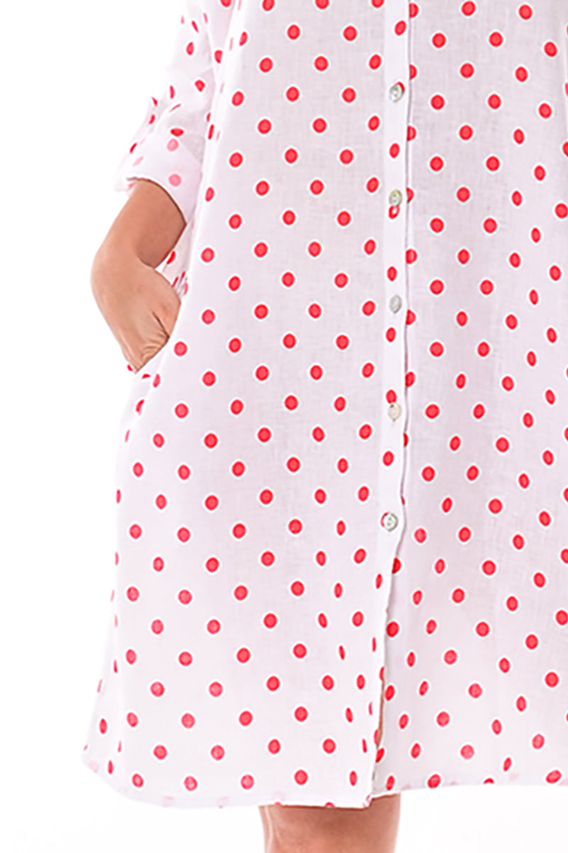 Ladies Polka-Dot Dress Button Down Roll-Up Sleeve-WHITE/RED-LLB1330SD - 6 PCS/PRE-PACK