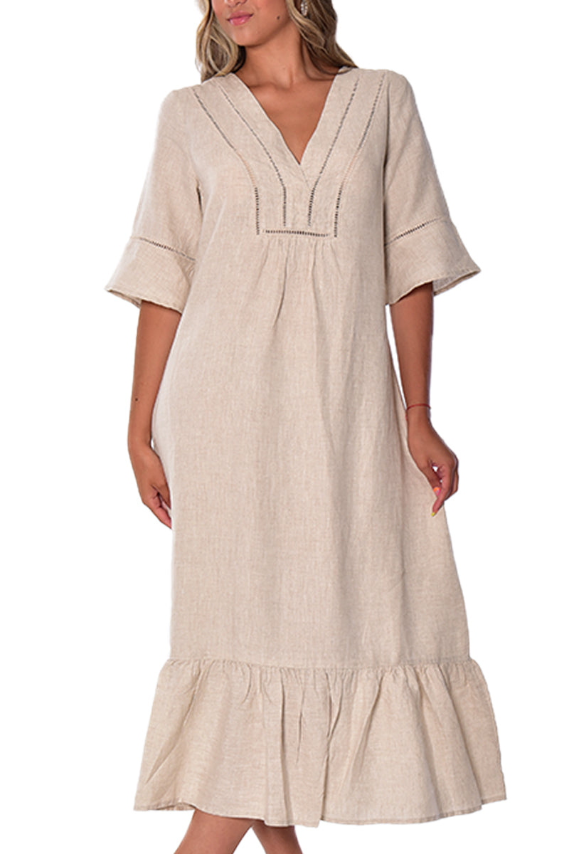 Ladies Linen Dress 3/4 Sleeves & Ruffled Hem Maxi by AZUCAR-WHITE- Color Options - LLD1695- 6 PCS/PRE-PACK