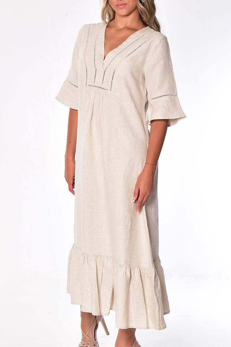 Ladies Linen Dress 3/4 Sleeves & Ruffled Hem Maxi by AZUCAR-WHITE- Color Options - LLD1695- 6 PCS/PRE-PACK
