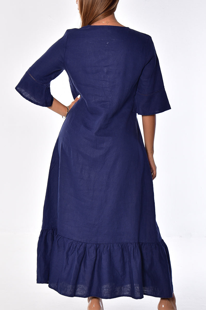 Ladies Linen Dress 3/4 Sleeves & Ruffled Hem Maxi by AZUCAR-WHITE- Color Options - LLD1695- 6 PCS/PRE-PACK