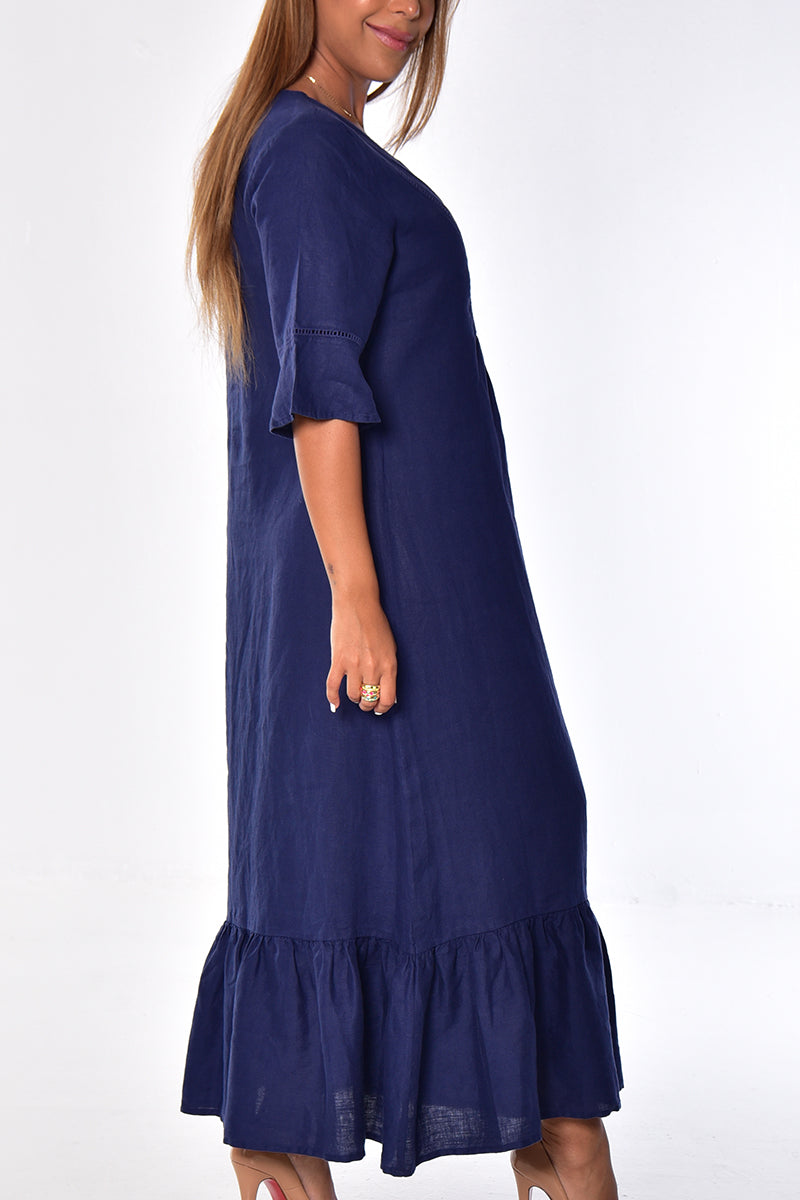 Ladies Linen Dress 3/4 Sleeves & Ruffled Hem Maxi by AZUCAR-WHITE- Color Options - LLD1695- 6 PCS/PRE-PACK