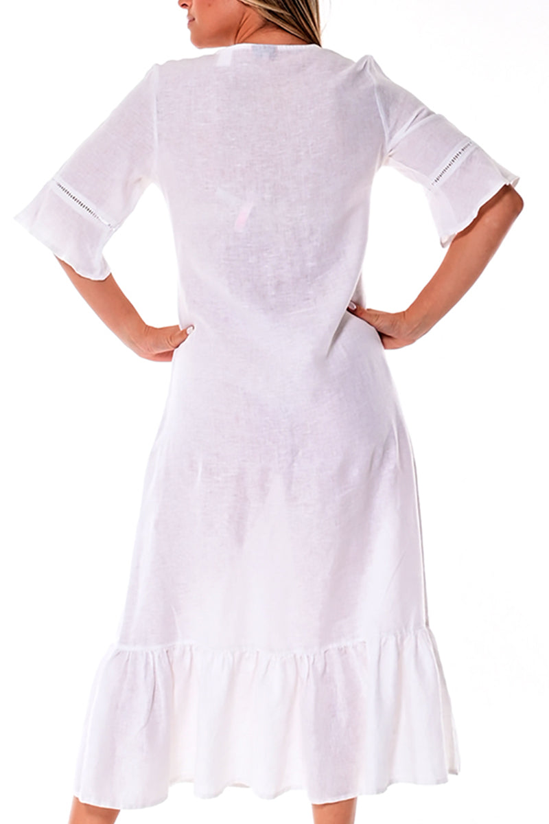 Ladies Linen Dress 3/4 Sleeves & Ruffled Hem Maxi by AZUCAR-WHITE- Color Options - LLD1695- 6 PCS/PRE-PACK
