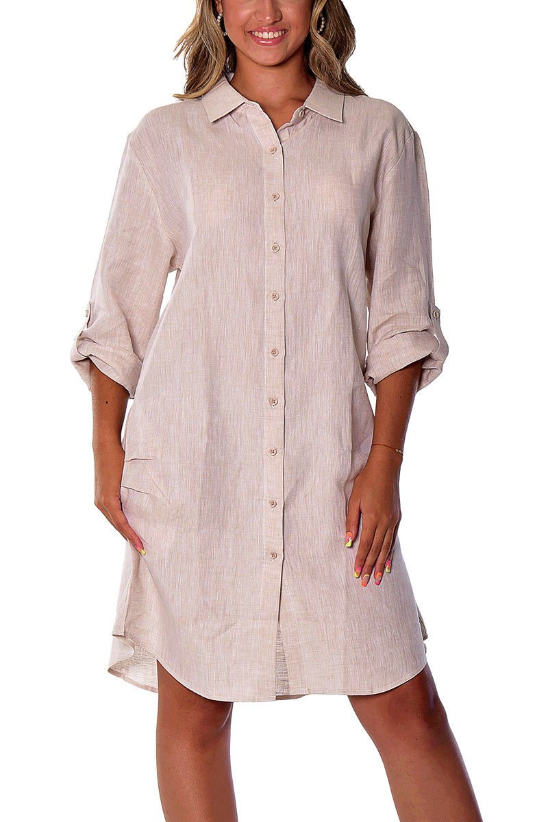 Ladies Linen Dress Button Front Boyfriend Roll-Up 3/4 Sleeve by AZUCAR-YELLOW-Color Options - LLD1725- 6 PCS/PRE-PACK