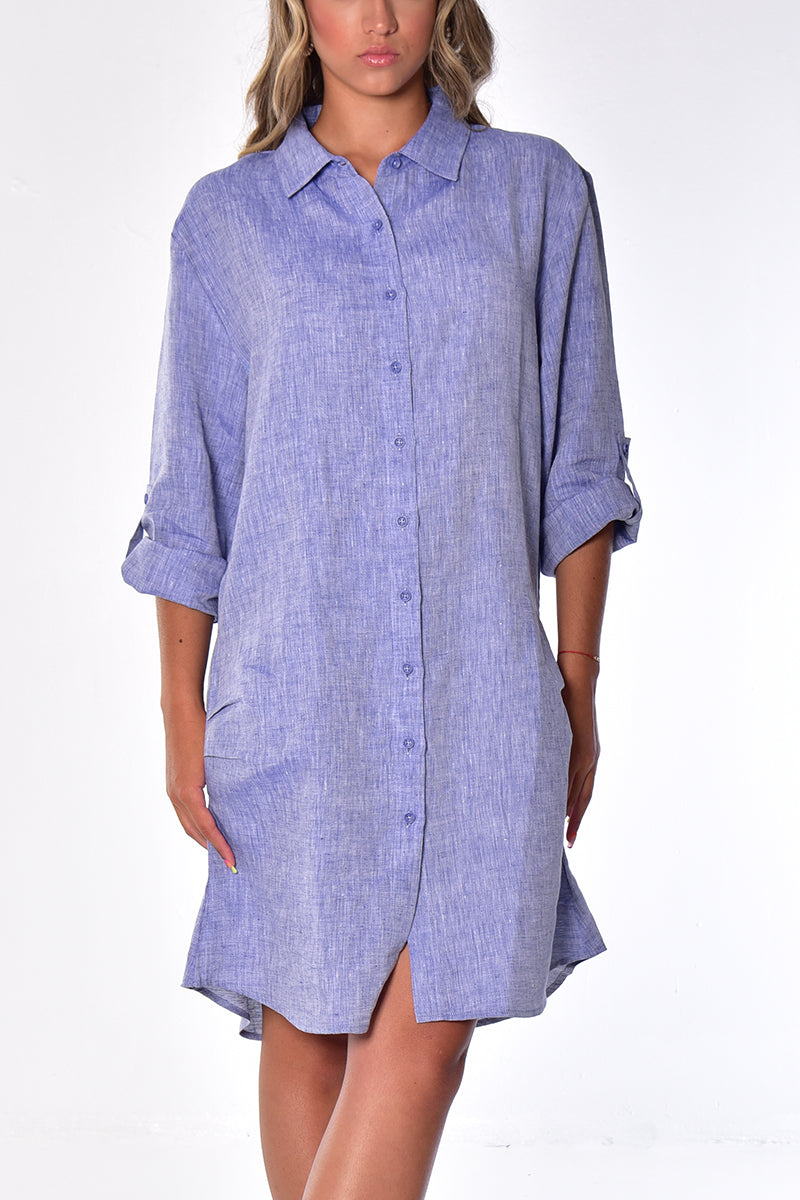 Ladies Linen Dress Button Front Boyfriend Roll-Up 3/4 Sleeve by AZUCAR-YELLOW-Color Options - LLD1725- 6 PCS/PRE-PACK