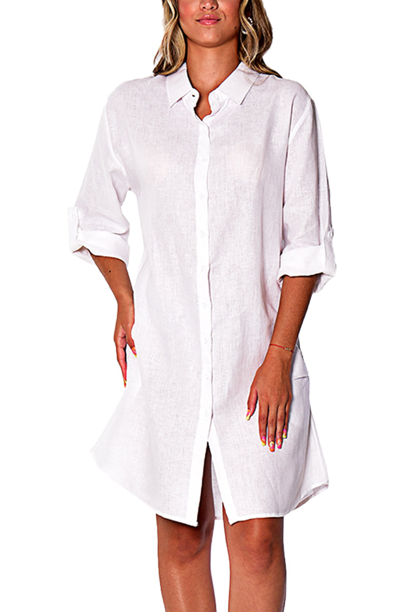 Ladies Linen Dress Button Front Boyfriend Roll-Up 3/4 Sleeve by AZUCAR-YELLOW-Color Options - LLD1725- 6 PCS/PRE-PACK