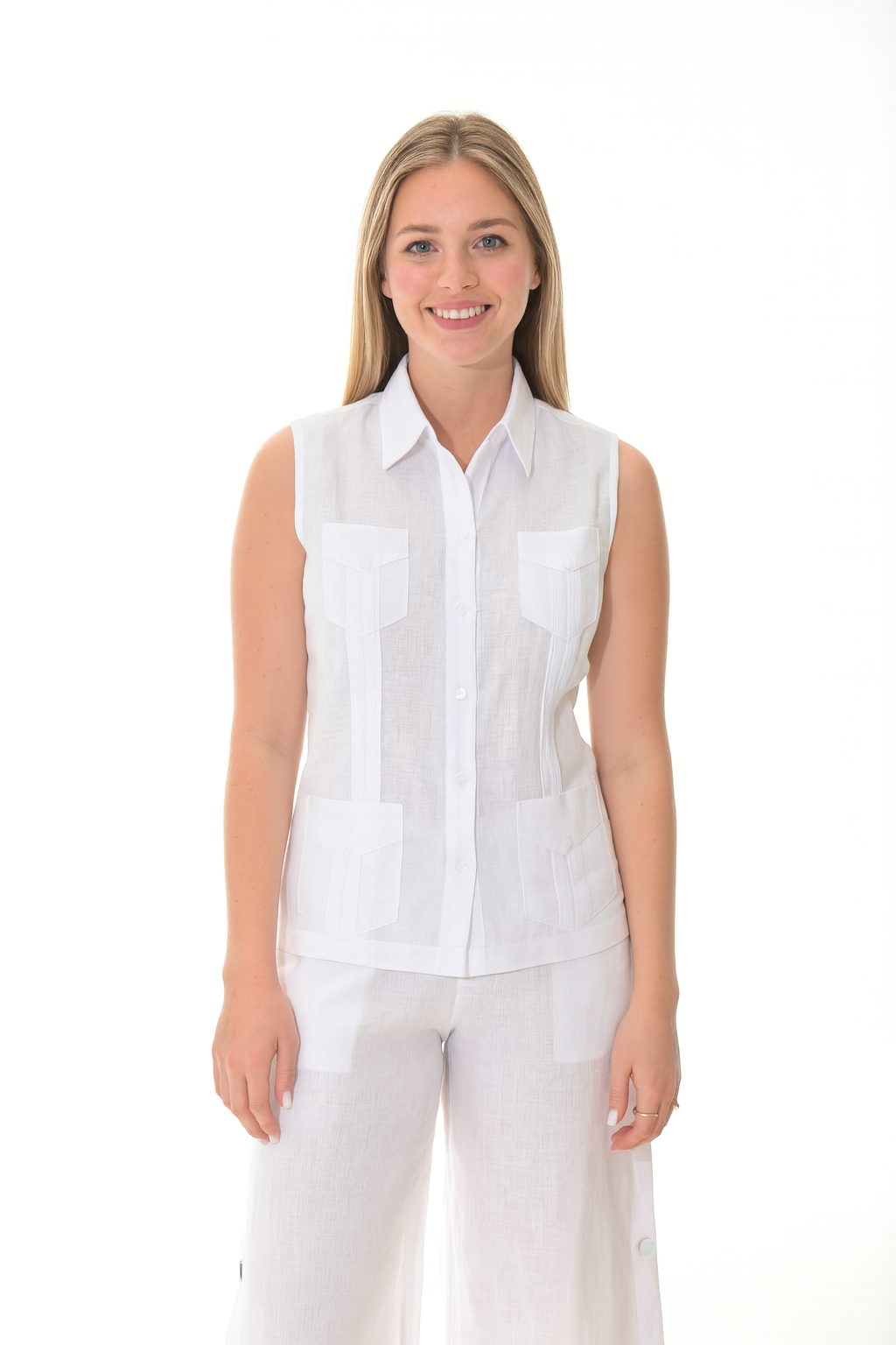 Ladies Linen Guayabera Sleeveless Traditional 4 Pocket-WHITE-LLGB1082-6 PCS/PRE-PACK