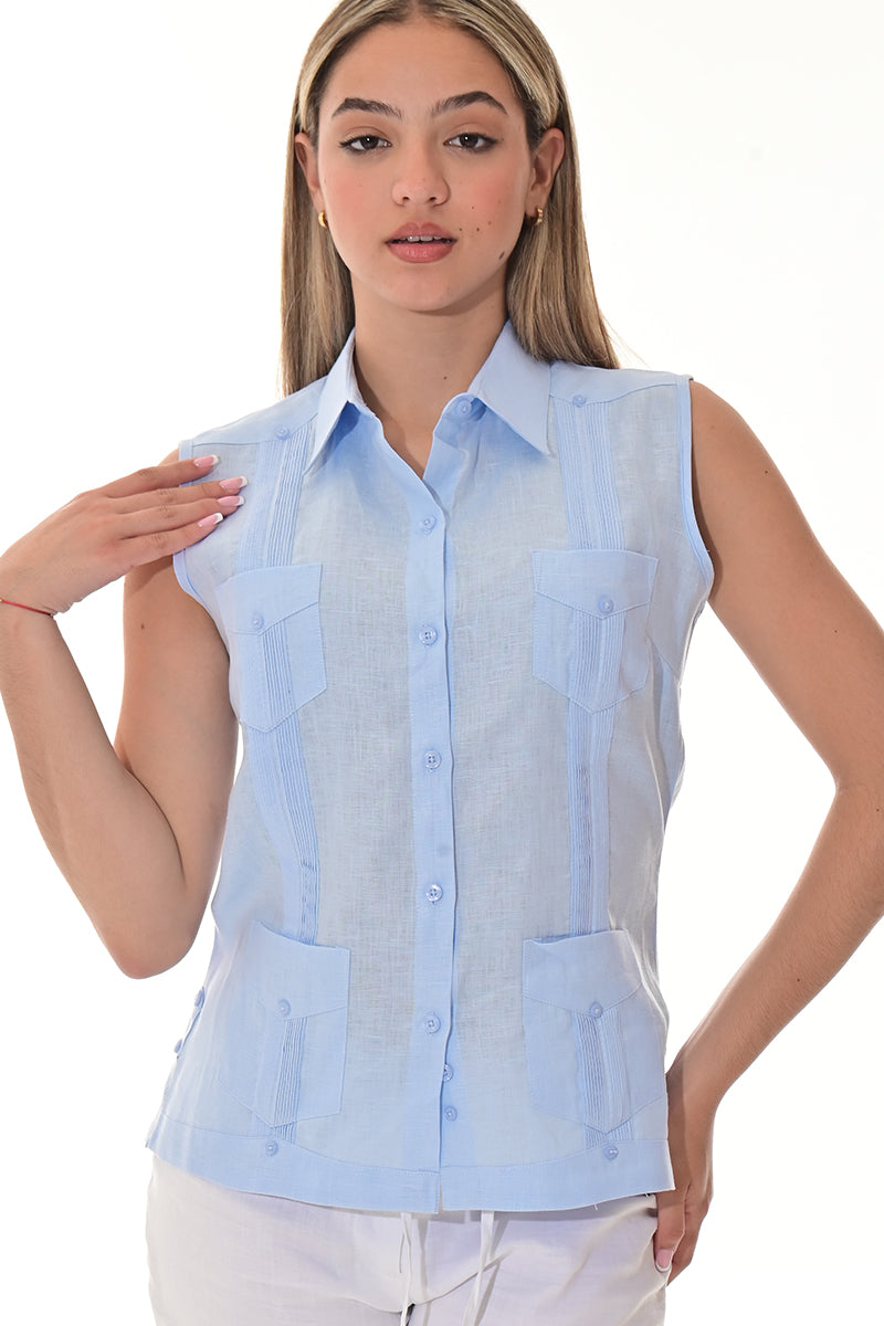 Ladies Linen Guayabera Sleeveless Traditional Blouse RED-Color Options - LLGB3006 - 6 PCS/PRE-PACK