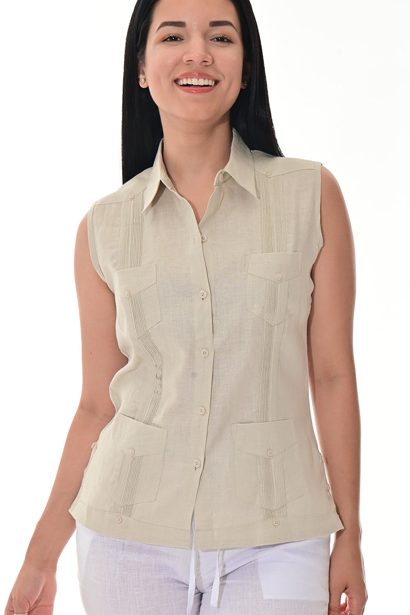 Ladies Linen Guayabera Sleeveless Traditional Blouse RED-Color Options - LLGB3006 - 6 PCS/PRE-PACK