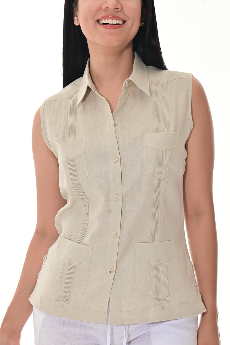 Ladies Linen Guayabera Sleeveless Traditional Blouse RED-Color Options - LLGB3006 - 6 PCS/PRE-PACK