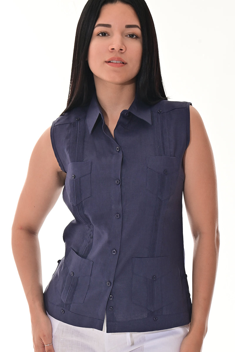 Ladies Linen Guayabera Sleeveless Traditional Blouse RED-Color Options - LLGB3006 - 6 PCS/PRE-PACK