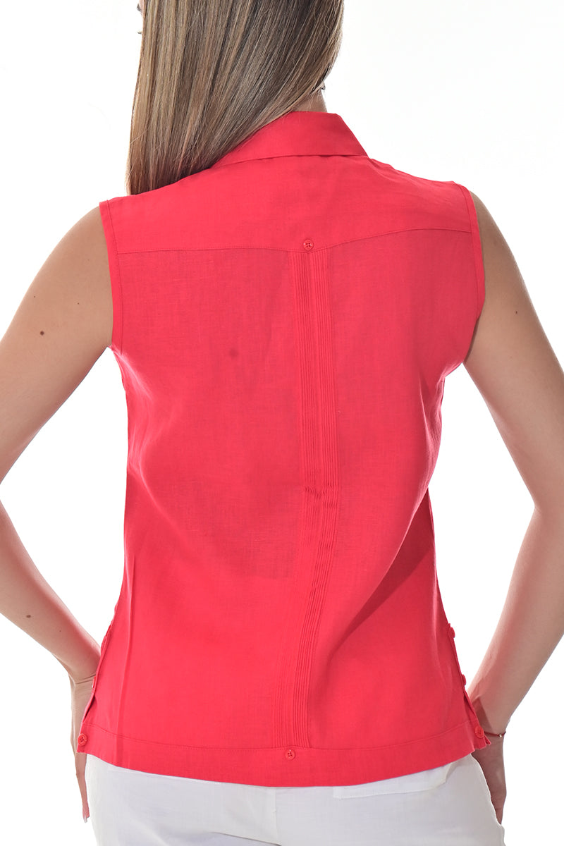 Ladies Linen Guayabera Sleeveless Traditional Blouse RED-Color Options - LLGB3006 - 6 PCS/PRE-PACK