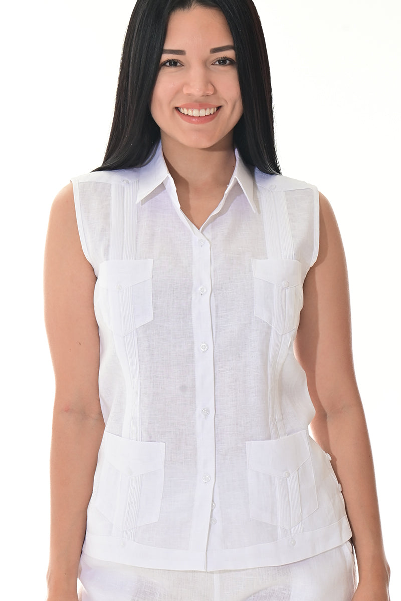 Ladies Linen Guayabera Sleeveless Traditional Blouse RED-Color Options - LLGB3006 - 6 PCS/PRE-PACK
