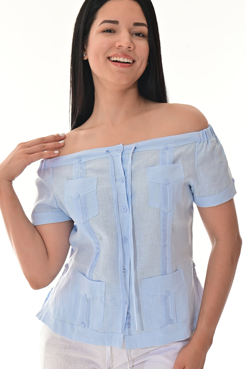 Ladies Linen Guayabera Off-the-Shoulder Short Sleeve Top LT. BLUE-Color Options - LLGB3007 - 6 PCS/PRE-PACK