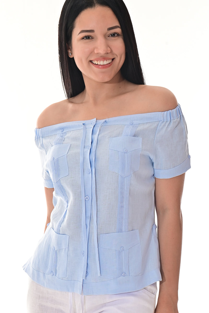 Ladies Linen Guayabera Off-the-Shoulder Short Sleeve Top LT. BLUE-Color Options - LLGB3007 - 6 PCS/PRE-PACK