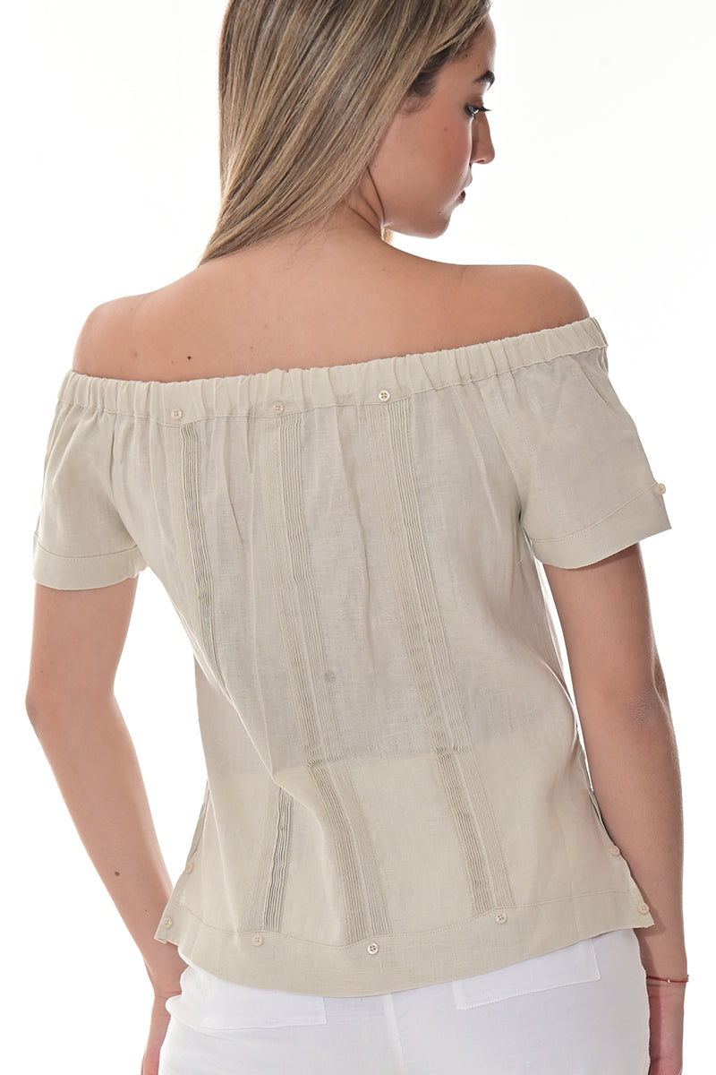 Ladies Linen Guayabera Off-the-Shoulder Short Sleeve Top LT. BLUE-Color Options - LLGB3007 - 6 PCS/PRE-PACK