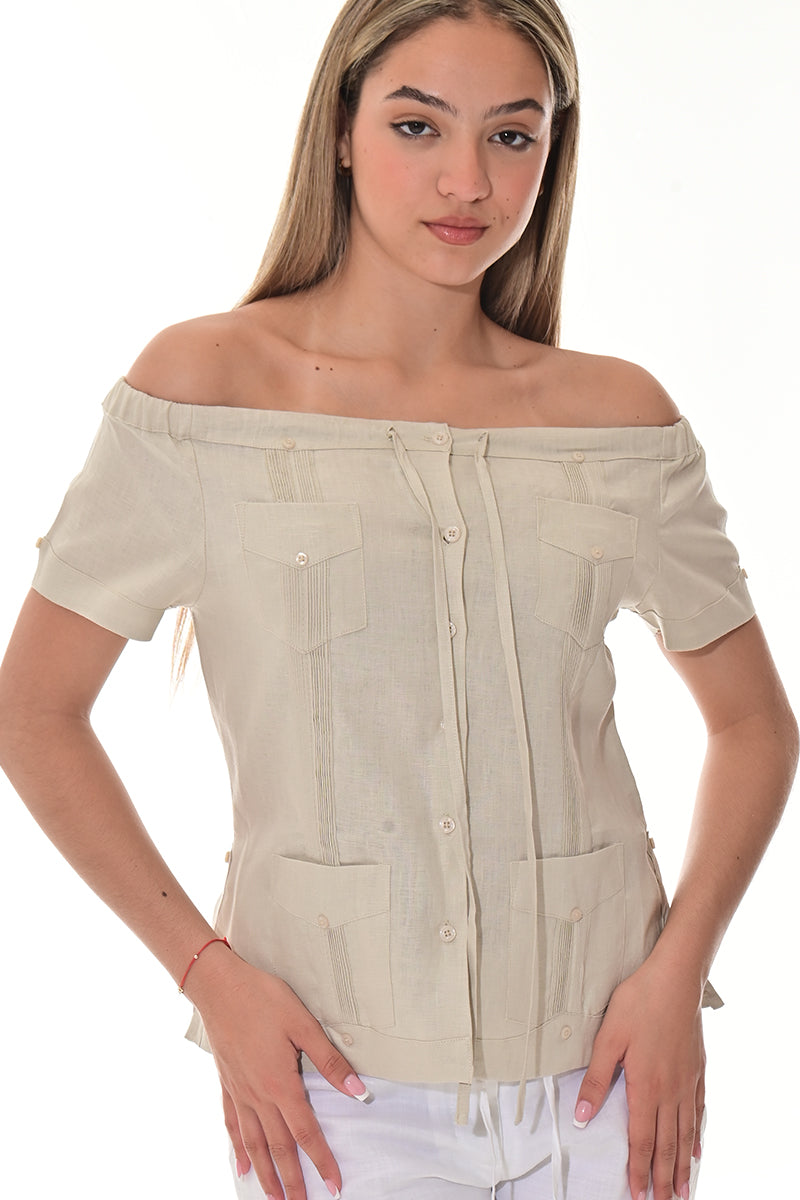 Ladies Linen Guayabera Off-the-Shoulder Short Sleeve Top LT. BLUE-Color Options - LLGB3007 - 6 PCS/PRE-PACK