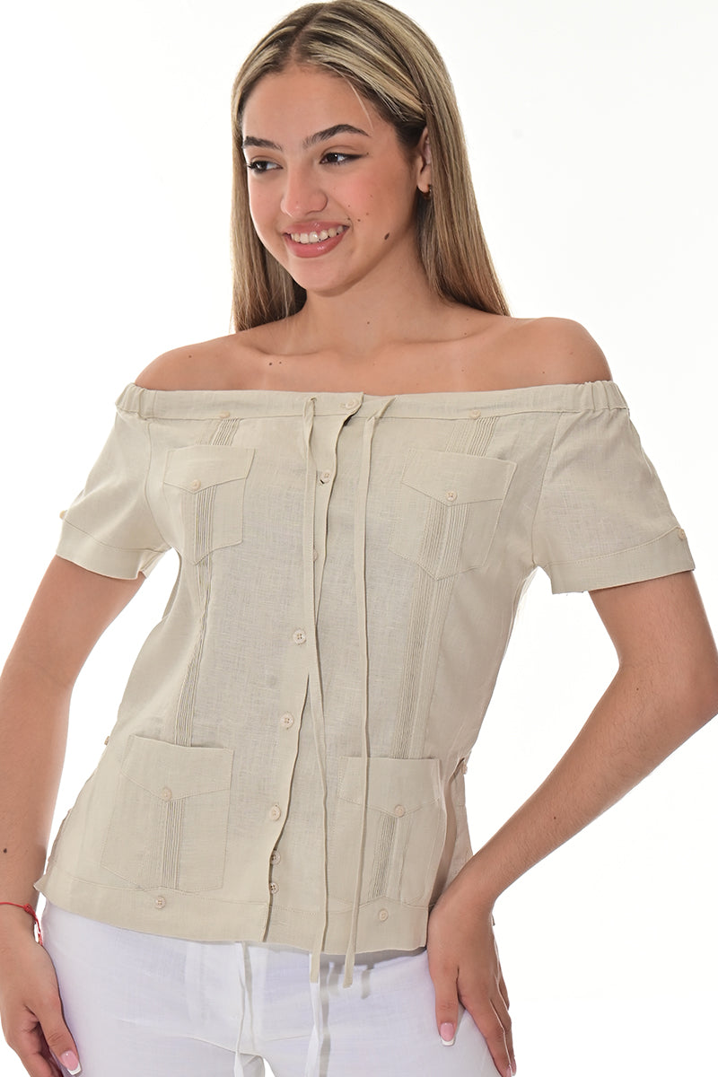 Ladies Linen Guayabera Off-the-Shoulder Short Sleeve Top LT. BLUE-Color Options - LLGB3007 - 6 PCS/PRE-PACK