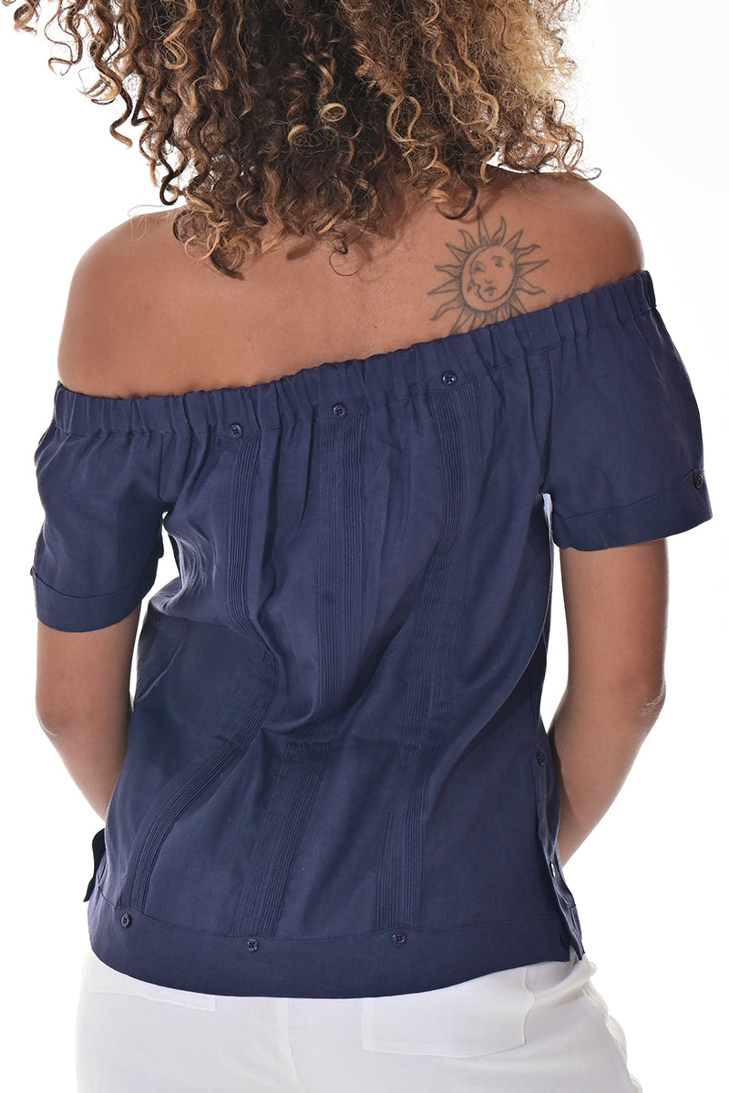 Ladies Linen Guayabera Off-the-Shoulder Short Sleeve Top LT. BLUE-Color Options - LLGB3007 - 6 PCS/PRE-PACK