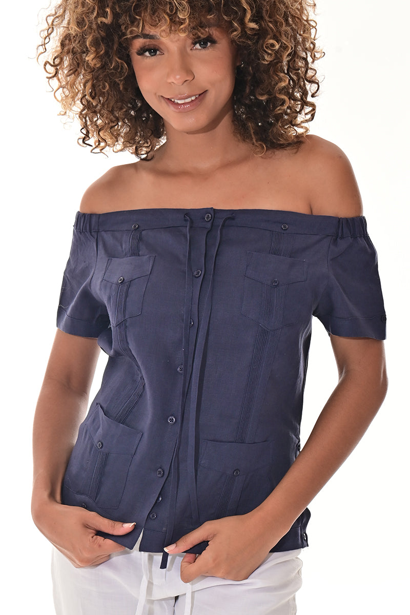 Ladies Linen Guayabera Off-the-Shoulder Short Sleeve Top LT. BLUE-Color Options - LLGB3007 - 6 PCS/PRE-PACK