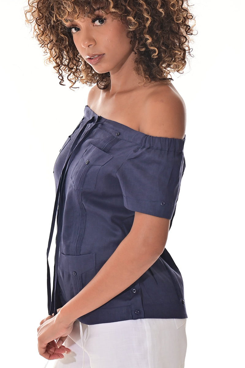 Ladies Linen Guayabera Off-the-Shoulder Short Sleeve Top LT. BLUE-Color Options - LLGB3007 - 6 PCS/PRE-PACK