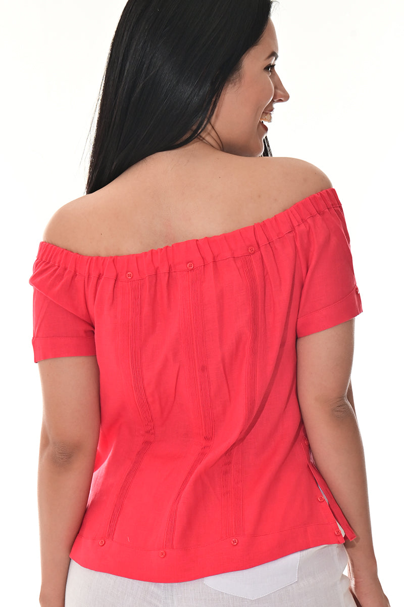 Ladies Linen Guayabera Off-the-Shoulder Short Sleeve Top LT. BLUE-Color Options - LLGB3007 - 6 PCS/PRE-PACK