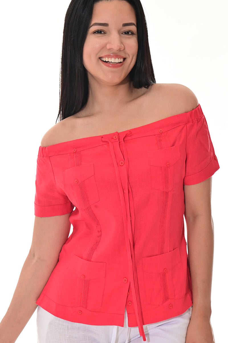 Ladies Linen Guayabera Off-the-Shoulder Short Sleeve Top LT. BLUE-Color Options - LLGB3007 - 6 PCS/PRE-PACK
